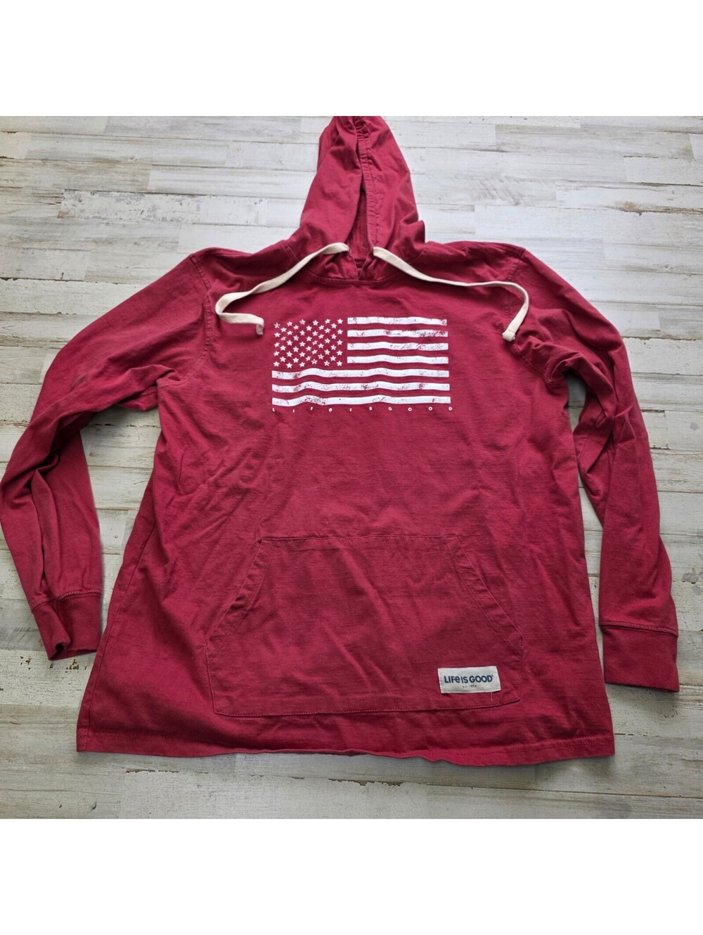 Life is Good Men's L Red Hooded Shirt American Flag Graphic Hoodie Patriotic USA
